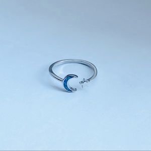 Sterling Silver Blue Lab Opal Moon and Star Ring